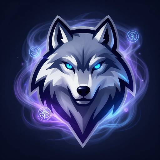 Digital illustration of a glowing, blue-eyed, silver-gray wolf head surrounded by swirling purple and blue magical symbols on a dark background.