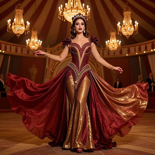 Photograph of a fair-skinned woman with dark wavy hair, wearing a gold and red sequined ball gown, striking a pose in a grand