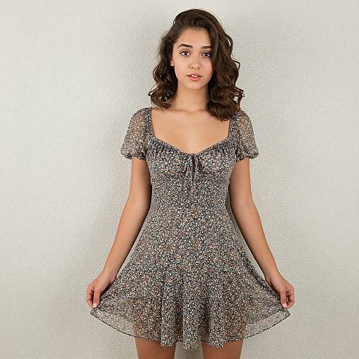 Photograph of a young woman with wavy brown hair, wearing a short-sleeved, floral-patterned, knee-length dress, standing against a