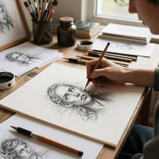Intricate Pencil Sketching in Cozy Studio