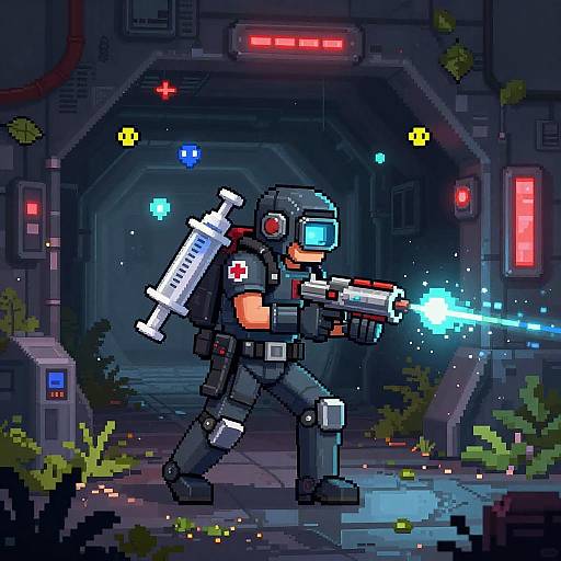 Pixel Art Medic with Syringe Launcher in Dystopian Tunnel