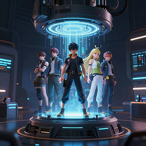 Digital anime artwork of five young characters standing confidently on a glowing blue circular platform in a futuristic, dark lab.