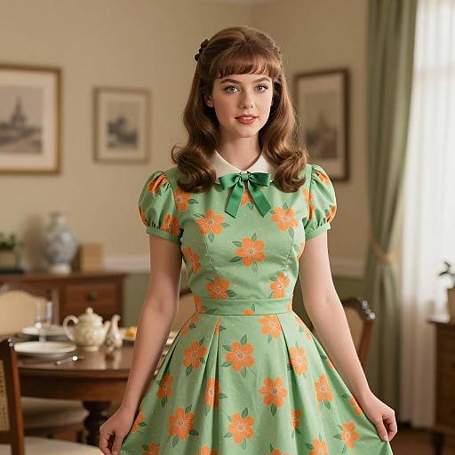 Retro 1950s Woman in Green Floral Dress