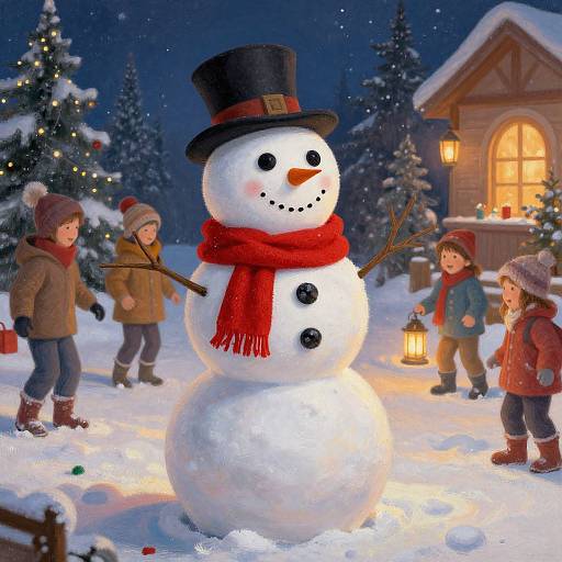 Festive Bonhomme Snowman with Children Playing