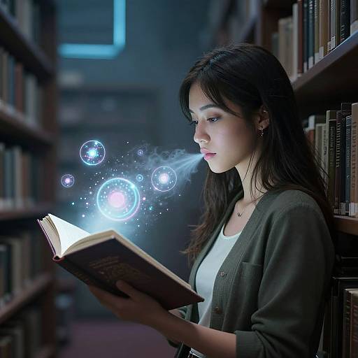 Photograph of a young woman with long black hair, wearing a green cardigan and white top, reading a glowing book in a dimly lit library