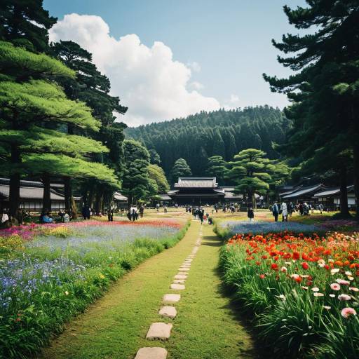 Flower Meadow with Traditional Japanese Town