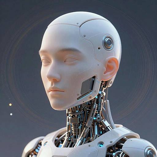 CGI image of a white, bald humanoid robot with closed eyes, metallic neck and shoulder joints, set against a dark, starry background.