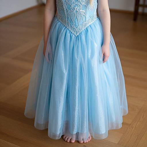 Photograph of a child in a light blue, lace-trimmed, tulle ball gown standing barefoot on wooden floor.