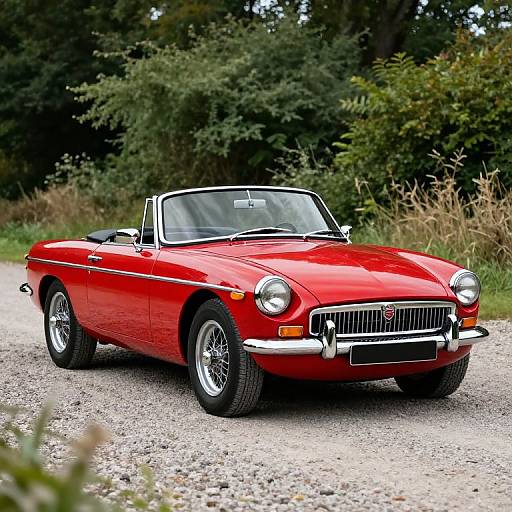 Photograph of a vibrant red classic convertible car with chrome accents, parked on a gravel road, surrounded by green trees and tall grass.