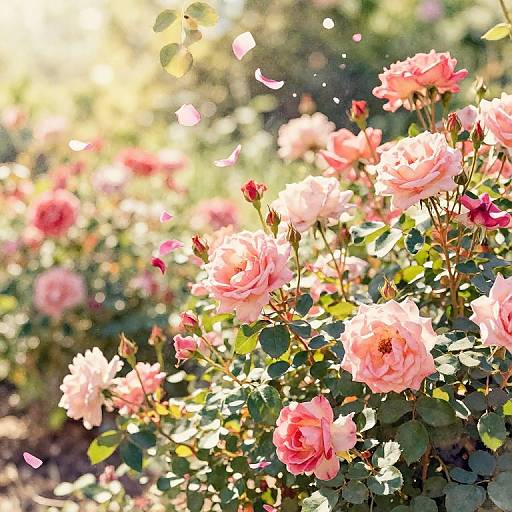 Photograph of a sunlit garden filled with blooming pink and white roses, with green leaves and scattered petals in the background.