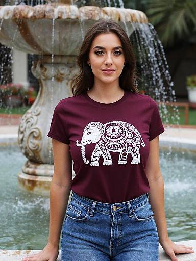Photograph of a smiling young woman with long brown hair, wearing a maroon elephant-print t-shirt and blue jeans, standing in front of a decorative