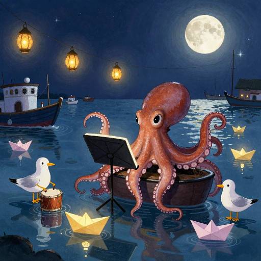 Moonlit Octopus Conducts Harbor Orchestra