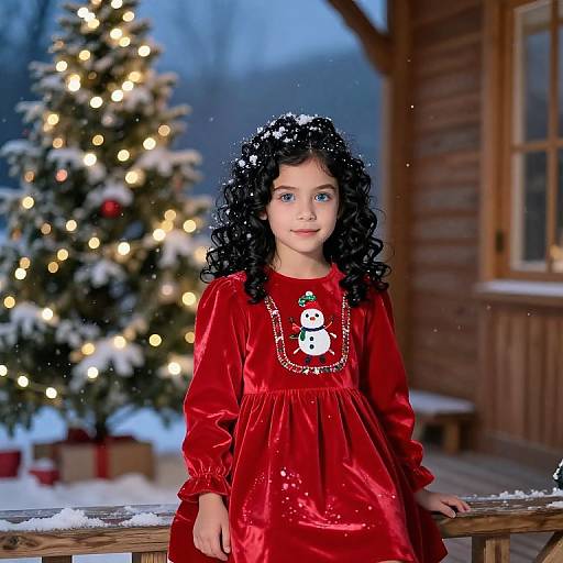 Photograph of a young girl with curly black hair, blue eyes, wearing a red velvet dress with a snowman design, standing in front of a