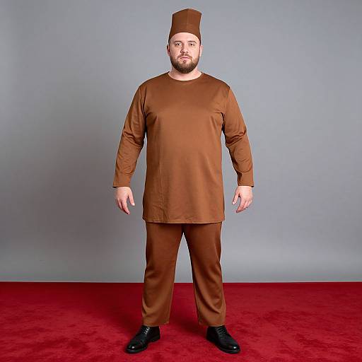 Photograph of a bearded man with light skin wearing a brown turban, long-sleeve brown tunic, brown pants, and black shoes