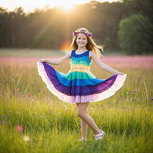 Girl in Rainbow Dress Standing in Sunlit Field