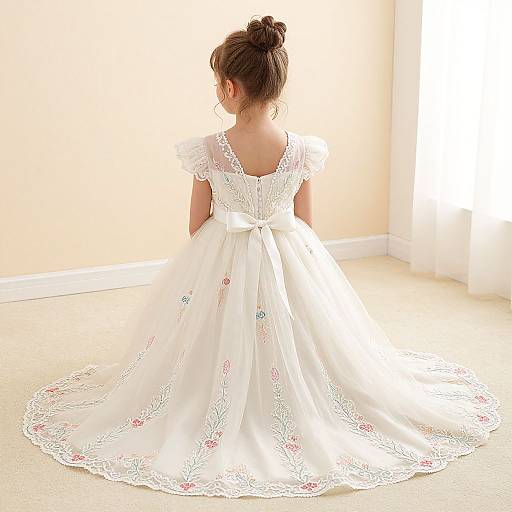 Photograph of a young girl with brown hair in a bun, wearing a white lace-trimmed, floral-embroidered, full-skirt