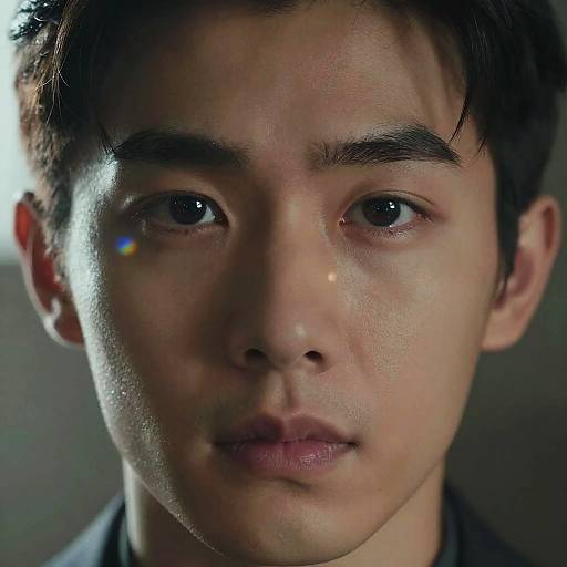 Close-up photograph of a young Asian man with short dark hair, fair skin, and neutral expression. Light reflection in his eye. Dark background.
