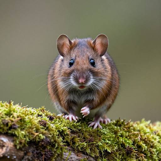 Photograph of a brown, fluffy, curious mouse with black eyes, standing on a moss-covered log, set against a blurred green background.