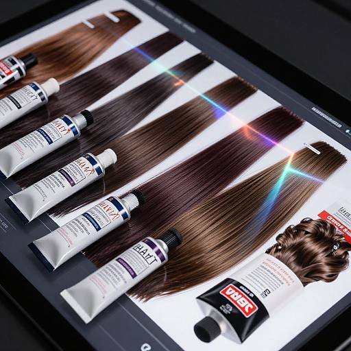 Digital image of a product catalog displaying six white hair care bottles with brown hair samples, each with a rainbow light reflection.