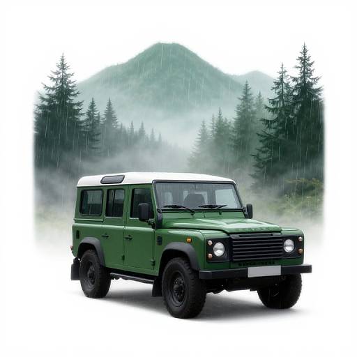 Green Land Rover in Foggy Forest