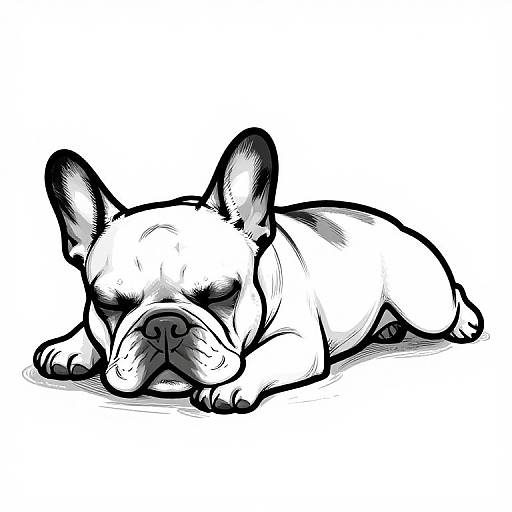 Black and white digital drawing of a sleeping French Bulldog, lying down with eyes closed, large ears upright, and paws tucked under its body.