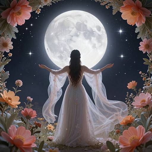 Digital art: Silhouetted woman in flowing white dress with outstretched arms, facing full moon, framed by pink flowers, under starry