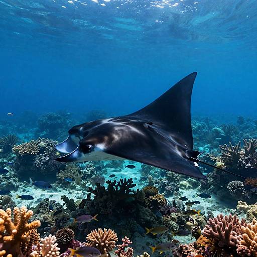 Colossal Manta Ray Near Coral Reefs