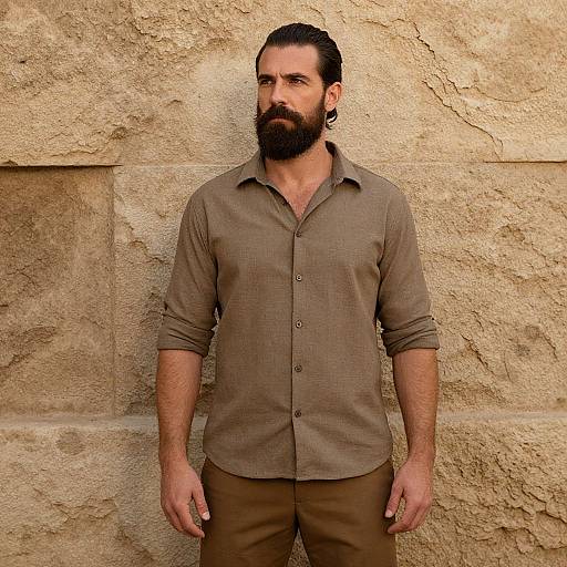 Photograph of a bearded man with dark hair, wearing a brown button-up shirt and brown pants, standing against a textured stone wall.