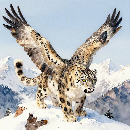 Aerial Winged Snow Leopard Warrior Watercolor