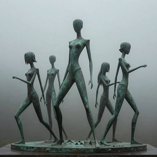 Photograph of a bronze sculpture depicting six abstract, nude, genderless human figures in dynamic poses, walking in a misty, foggy background.
