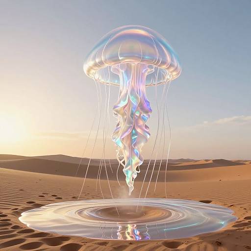 Photorealistic CGI of a glowing, iridescent jellyfish hovering above a shimmering puddle in a desert at sunset.