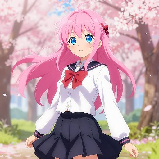Anime Girl in Cherry Blossom Park