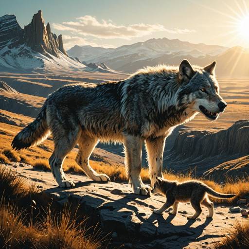 Dire Wolf and Cub in Prehistoric Landscape