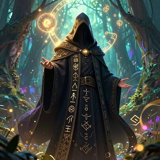 Mysterious hooded figure in dark, ornate robe with glowing runes, surrounded by magical circles and ethereal forest light. Digital fantasy art.