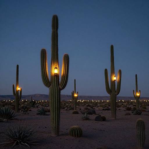 Photograph of a desert at dusk with tall cacti illuminated by warm yellow lights against a deep blue sky, scattered small lights in the background.