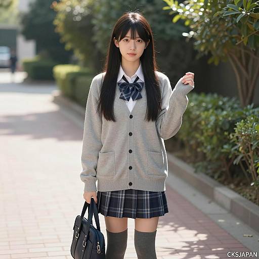 Japanese Schoolgirl in Uniform on Pathway