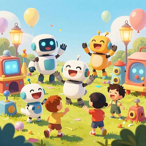 Joyful Robot Pets and Inventor Kids