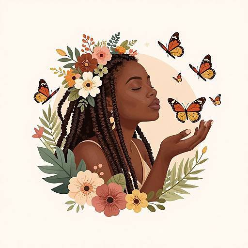Digital illustration of a dark-skinned woman with braided hair, flower crown, and floral background, gently touching orange butterflies with closed eyes.