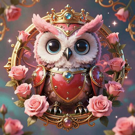 Chibi Steampunk Owl in Gilded Medallion