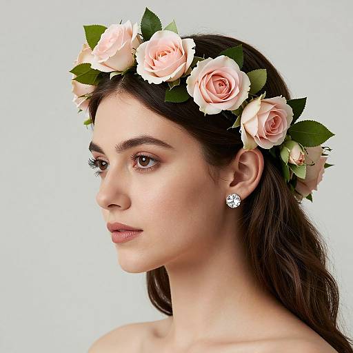 Photograph of a fair-skinned woman with dark brown hair, wearing a pink rose and green leaf crown, and a sparkling diamond earring, against