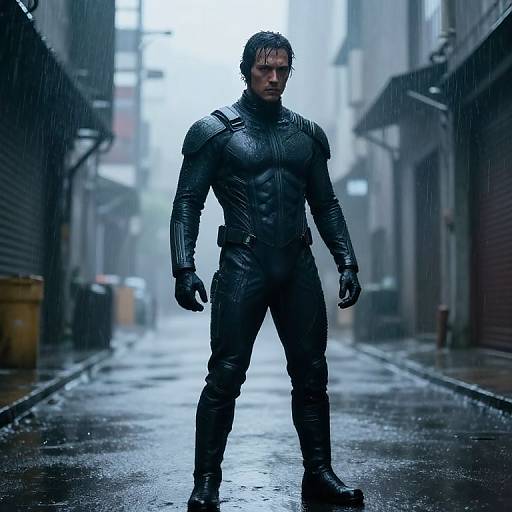 Photograph of a muscular man in a black, armored suit standing in a rain-soaked, foggy urban alleyway, looking intense.