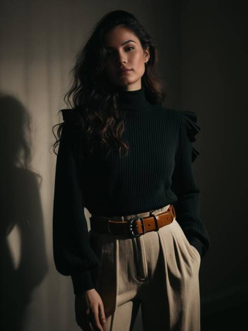 Woman in Ribbed Black Sweater and Cream Trousers