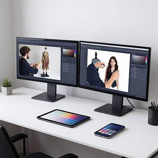 Photograph of a modern white desk with three black monitors displaying fashion models, a tablet, smartphone, and potted plant.