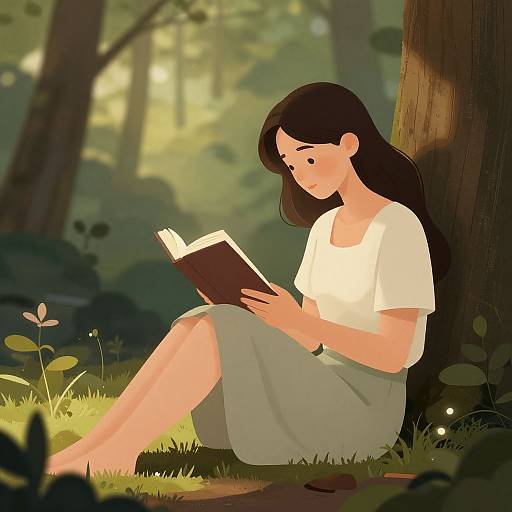 Digital illustration of a young woman with long black hair, wearing a white shirt and gray skirt, sitting against a tree in a sunlit forest, reading
