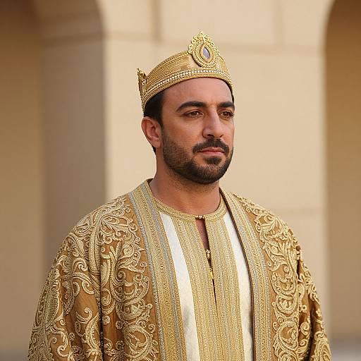 Photograph of a Middle Eastern man with dark hair and beard, wearing a gold-embroidered robe and ornate crown, standing against a beige