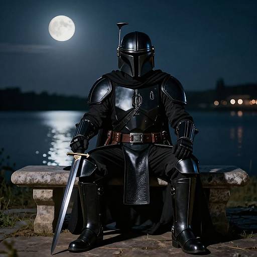Photograph of a knight in black armor, helmet, and cloak, sitting on a stone bench by a moonlit lake, holding a sword. Full