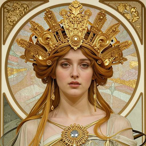Digital artwork of a fair-skinned, red-haired woman with a grand, ornate gold headdress, wearing a sheer, gold-embellished