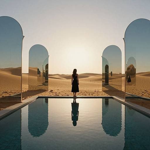 Silhouetted woman in dress stands by reflective pool, framed by arches, in desert sunset landscape; serene, symmetrical, and tranquil.