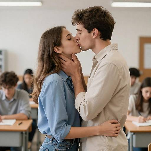 Intimate Classroom Moment of Young Couple