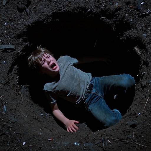 Photograph of a young boy with messy brown hair, screaming, wearing a gray shirt and blue jeans, falling into a dark, dirt hole.